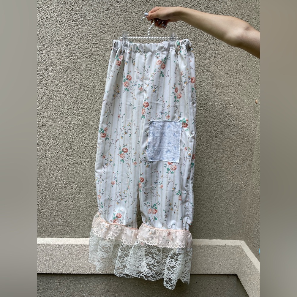 Cottagecore pantaloon style floral pants with lace hem